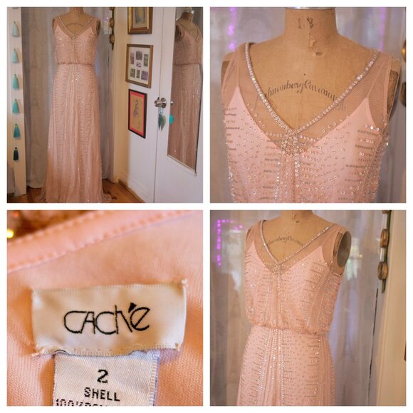 vtg 90s CACHE Y2K Pink Sequins Beaded Mermaid Maxi Dress Whimsigoth Fairycore 6 - Picture 1 of 16